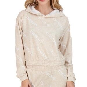 Bebe cropped hooded logo long sleeve sweatshirt pullover white cream medium